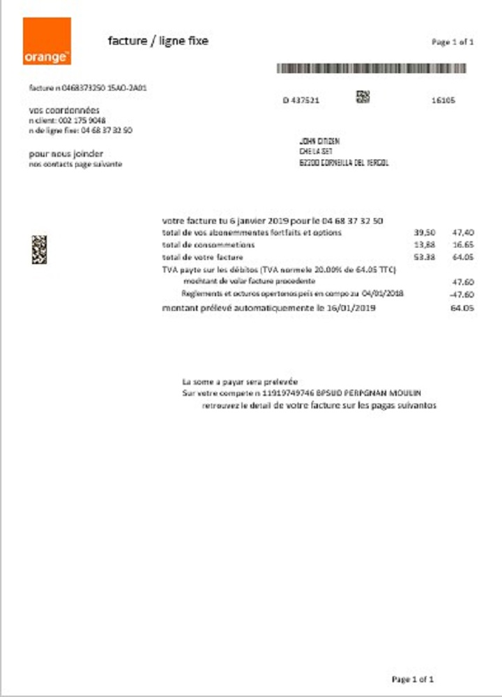 France Orange utility bill